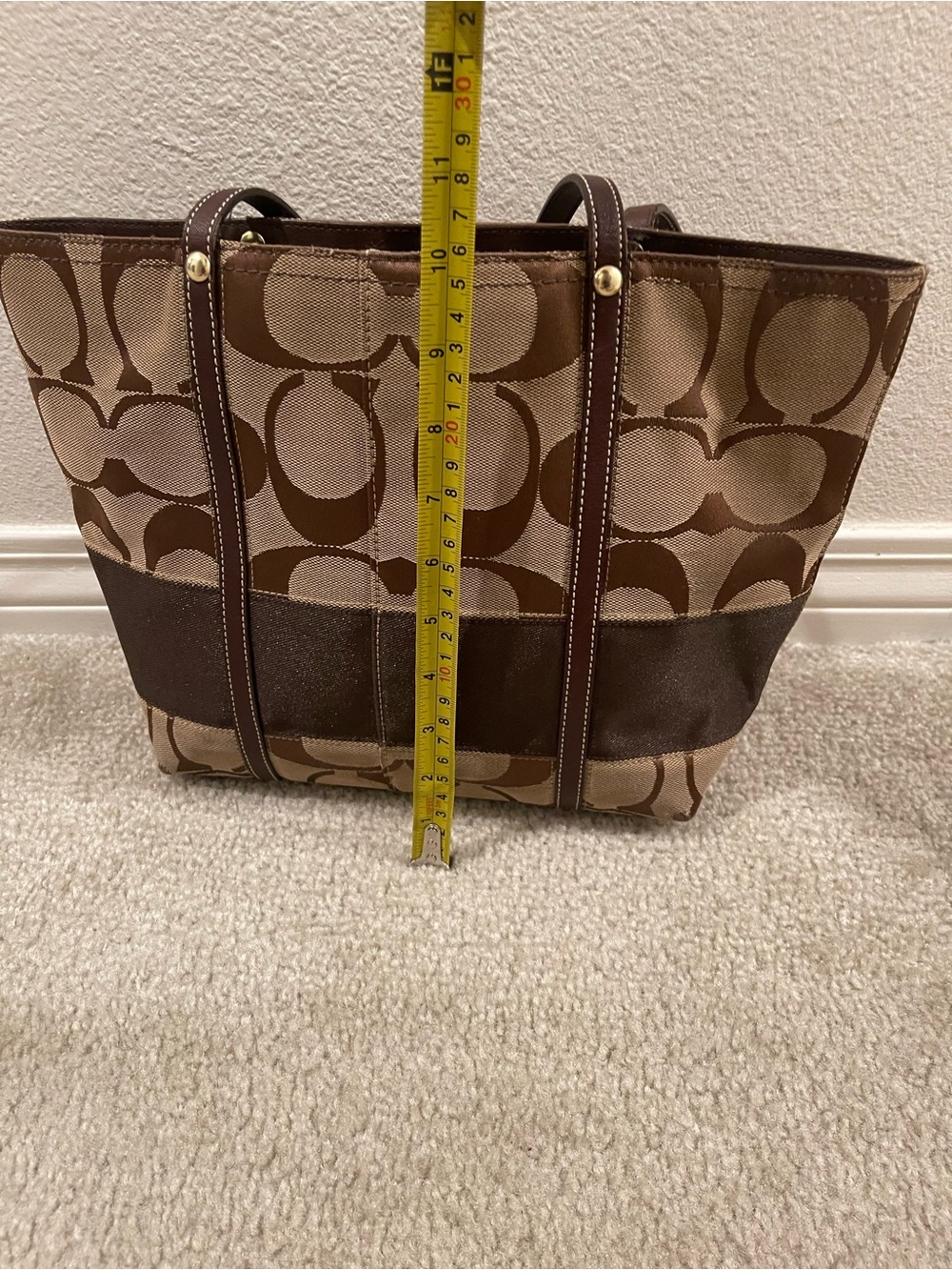 Coach Signature Stripe Brown Canvas Tote Bag with Legacy Stripe Lining - Picture 9 of 9